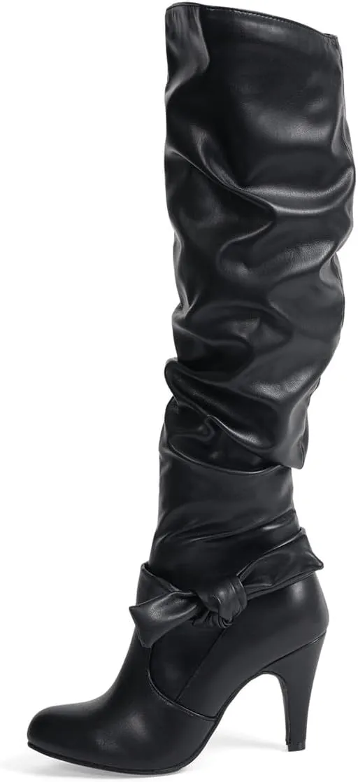 FYS Women's Closed Round Toe Knee High Boots Mid Heel Wide Calf Long Boots Side Zipper Walking Dressy Bow Tie Shoes Size 4-16 US