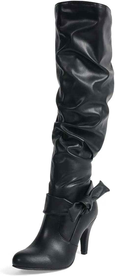 FYS Women's Closed Round Toe Knee High Boots Mid Heel Wide Calf Long Boots Side Zipper Walking Dressy Bow Tie Shoes Size 4-16 US