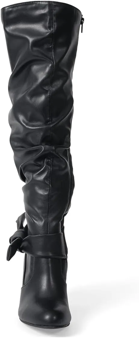 FYS Women's Closed Round Toe Knee High Boots Mid Heel Wide Calf Long Boots Side Zipper Walking Dressy Bow Tie Shoes Size 4-16 US