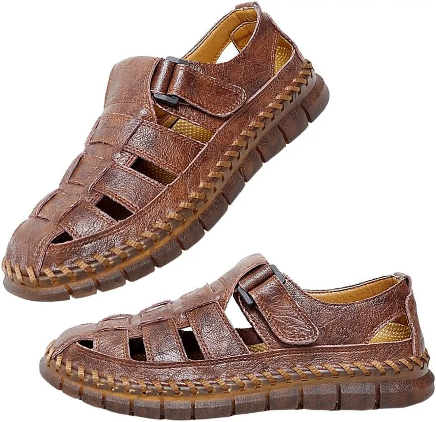 GEXECEUSS Sandals for Men Closed Toe Leather Sport Sandals Fisherman Sandals Outdoor Casual Walking Sandals Summer Water Shoes Beach Wading Shoes