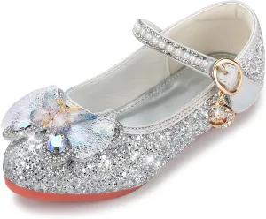 Girls Dress Shoes Mary Jane Princess Shoes Girls' Flats Glitter Low Heels Flower Wedding Party Footwear for Toddler Little/Big Kid