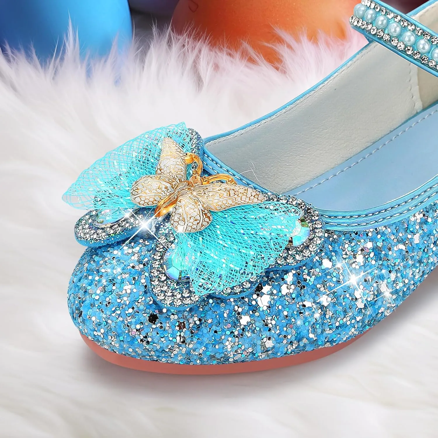 Girls Dress Shoes Mary Jane Princess Shoes Girls' Flats Glitter Low Heels Flower Wedding Party Footwear for Toddler Little/Big Kid