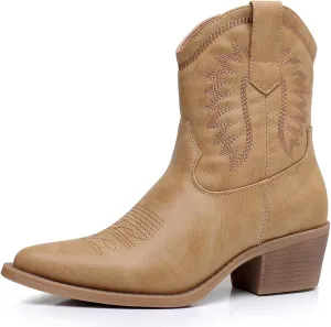 GLOBALWIN Women's Western Charm Cowgirl Boots Mid Calf Comfy Cowboy Boots For Women With Pointed Toe