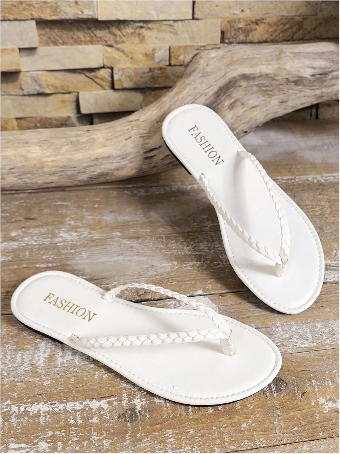 GORGLITTER Women's Leather Flip Flops Braided Sandals Summer Beach Vacation Open Toe Thong Slip on Slides