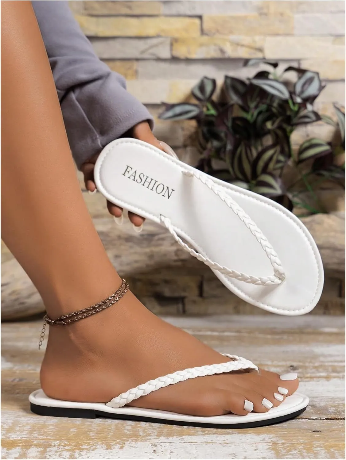GORGLITTER Women's Leather Flip Flops Braided Sandals Summer Beach Vacation Open Toe Thong Slip on Slides