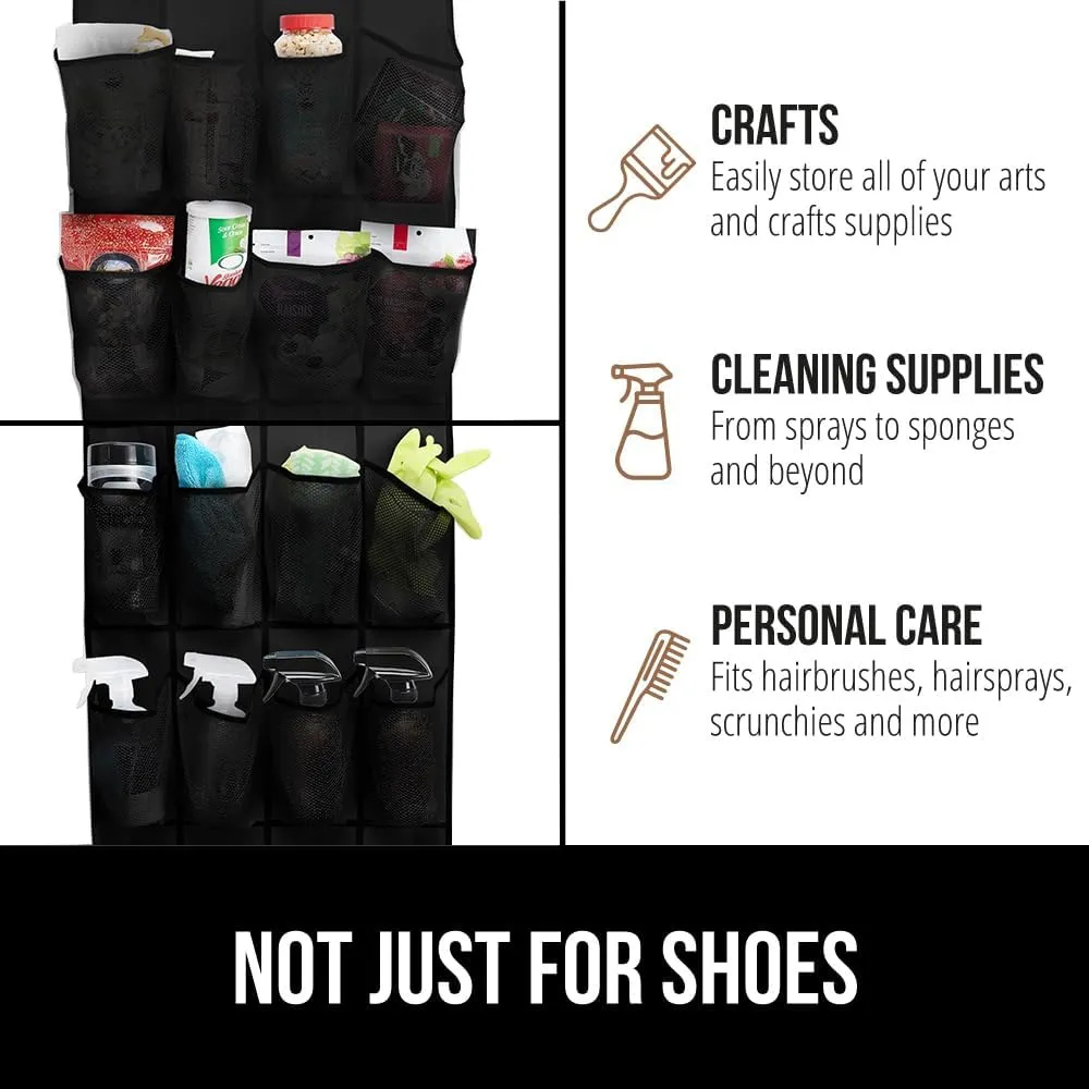 GORILLA GRIP Over the Door Shoe Organizer, 24 Extra Large Breathable Mesh Pockets, Space Saving Hanging Storage Holder, 4 Hook Closet Rack Hanger, Hangs on Closets for Shoes and Accessories, Black
