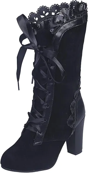 Gothic Boots for Women Halloween Womens Mid Calf Boots Gothic Chunky Heel Lace Up Vintage Round Toe Knight Boots Fall