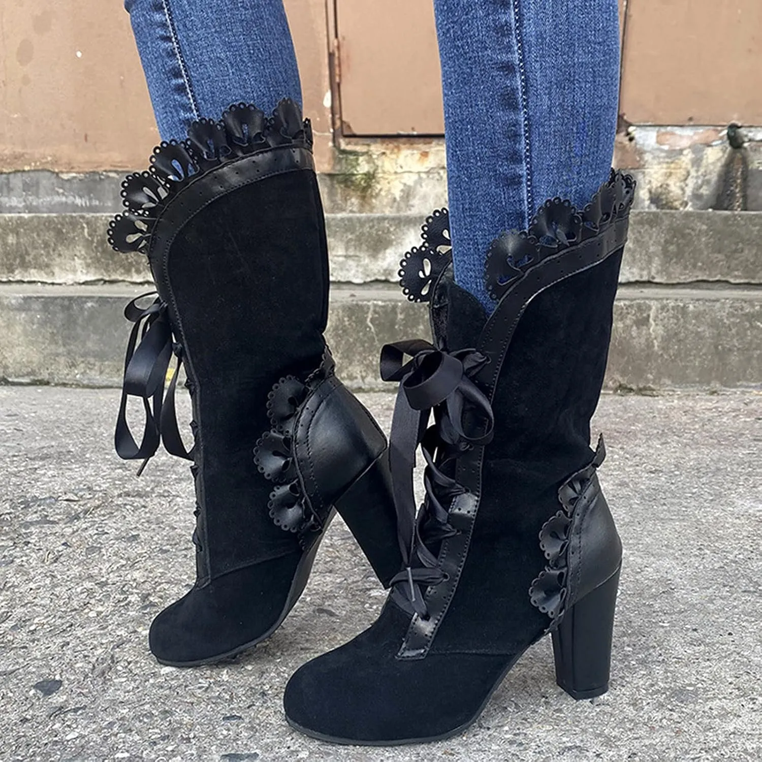 Gothic Boots for Women Halloween Womens Mid Calf Boots Gothic Chunky Heel Lace Up Vintage Round Toe Knight Boots Fall