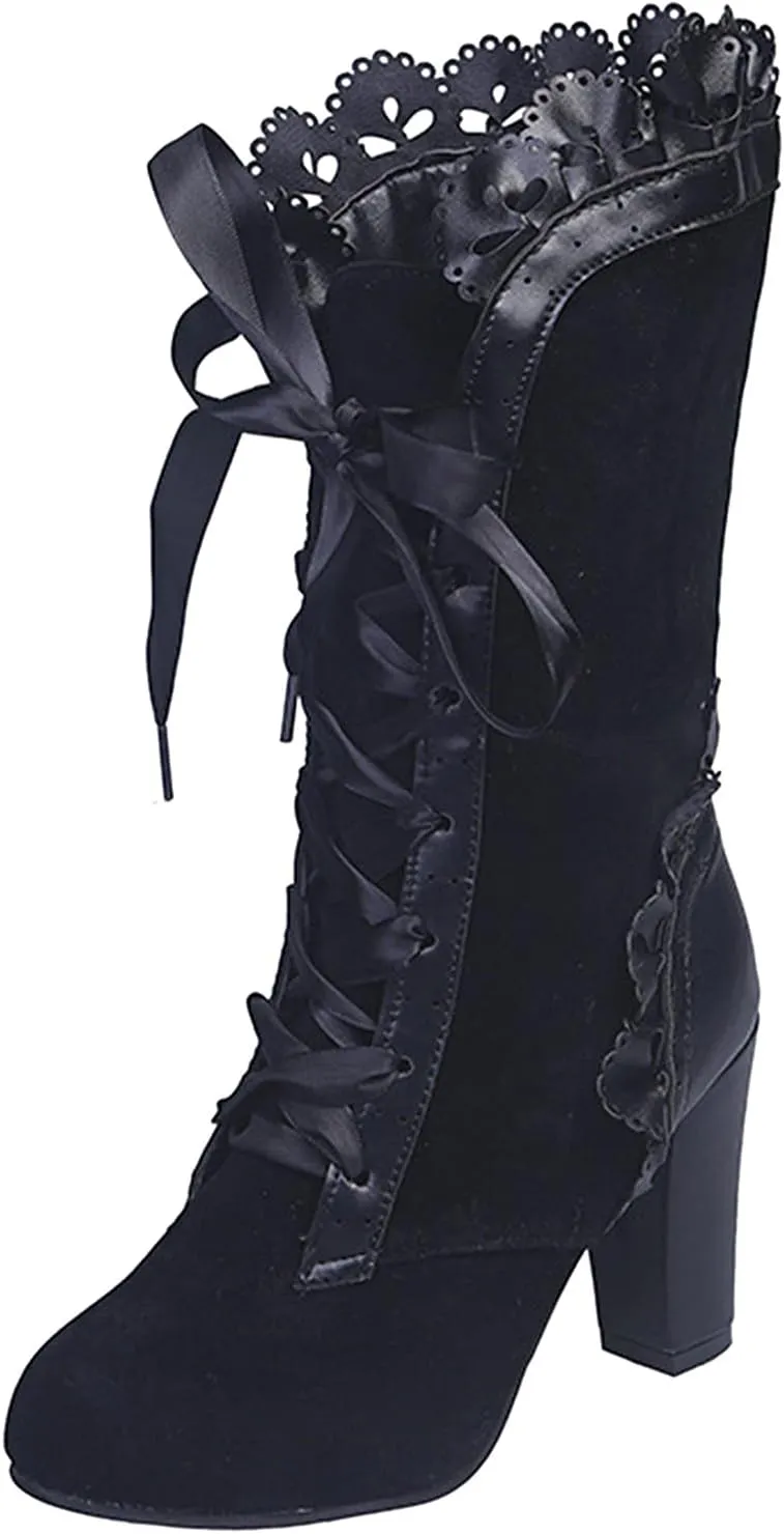 Gothic Boots for Women Halloween Womens Mid Calf Boots Gothic Chunky Heel Lace Up Vintage Round Toe Knight Boots Fall