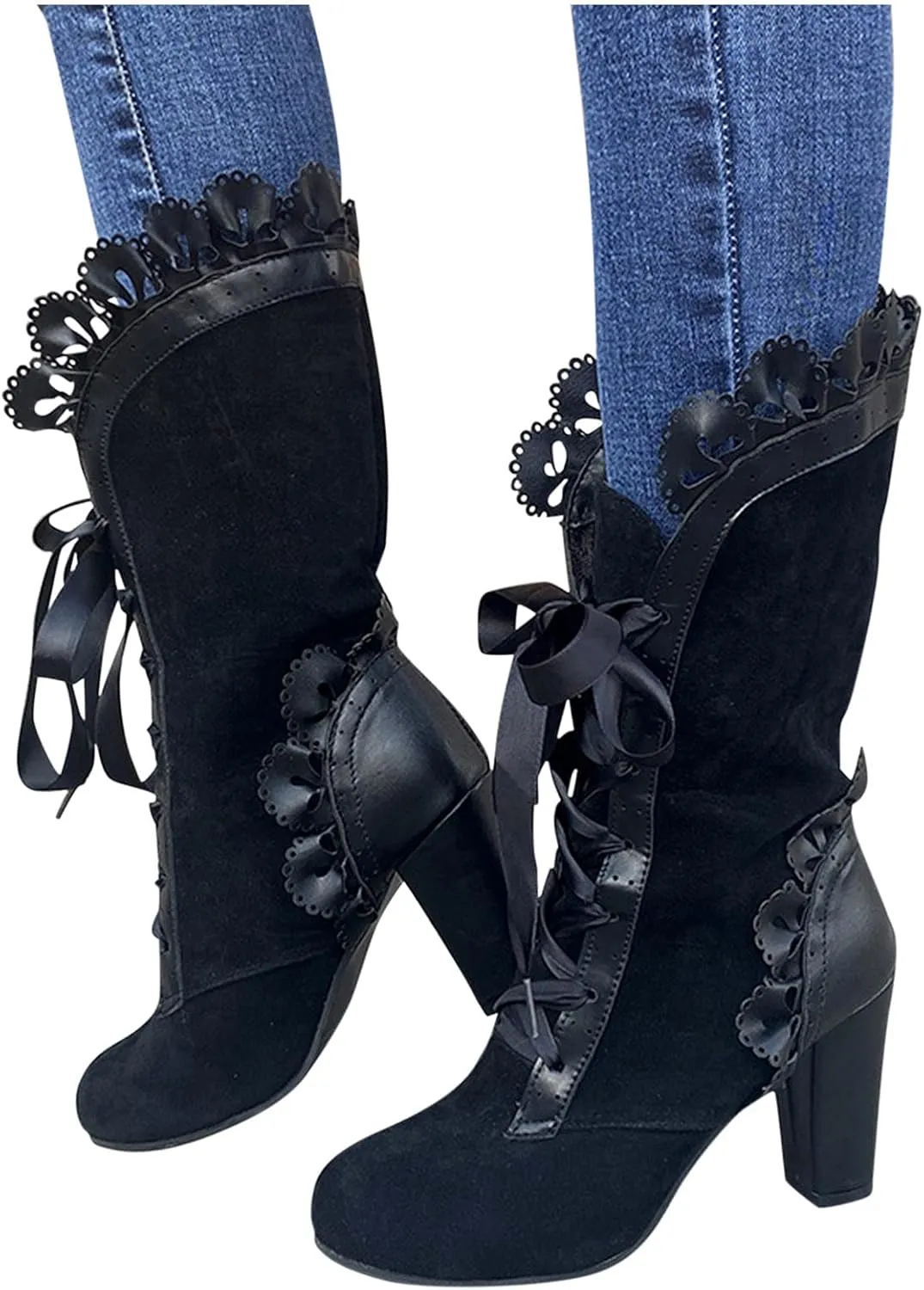 Gothic Boots for Women Halloween Womens Mid Calf Boots Gothic Chunky Heel Lace Up Vintage Round Toe Knight Boots Fall