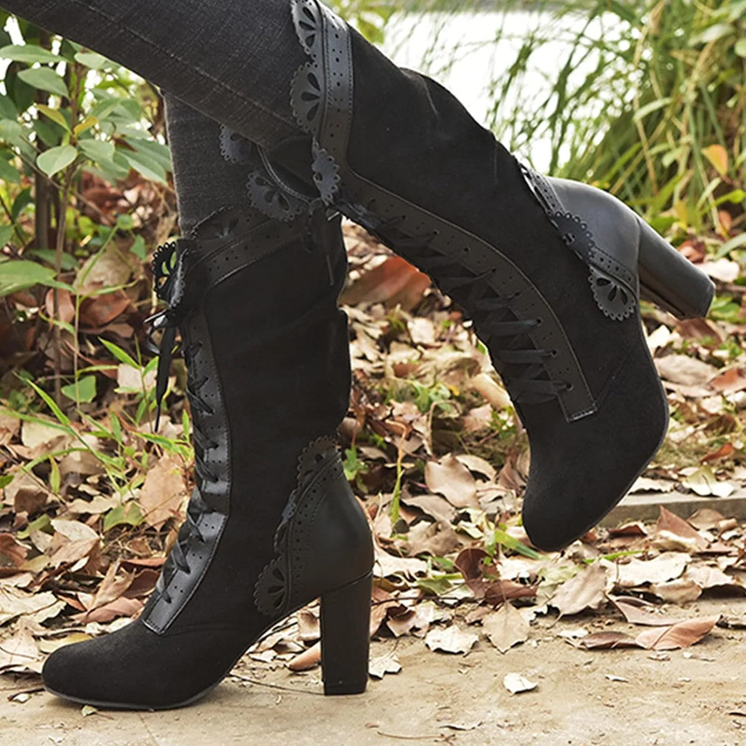 Gothic Boots for Women Halloween Womens Mid Calf Boots Gothic Chunky Heel Lace Up Vintage Round Toe Knight Boots Fall