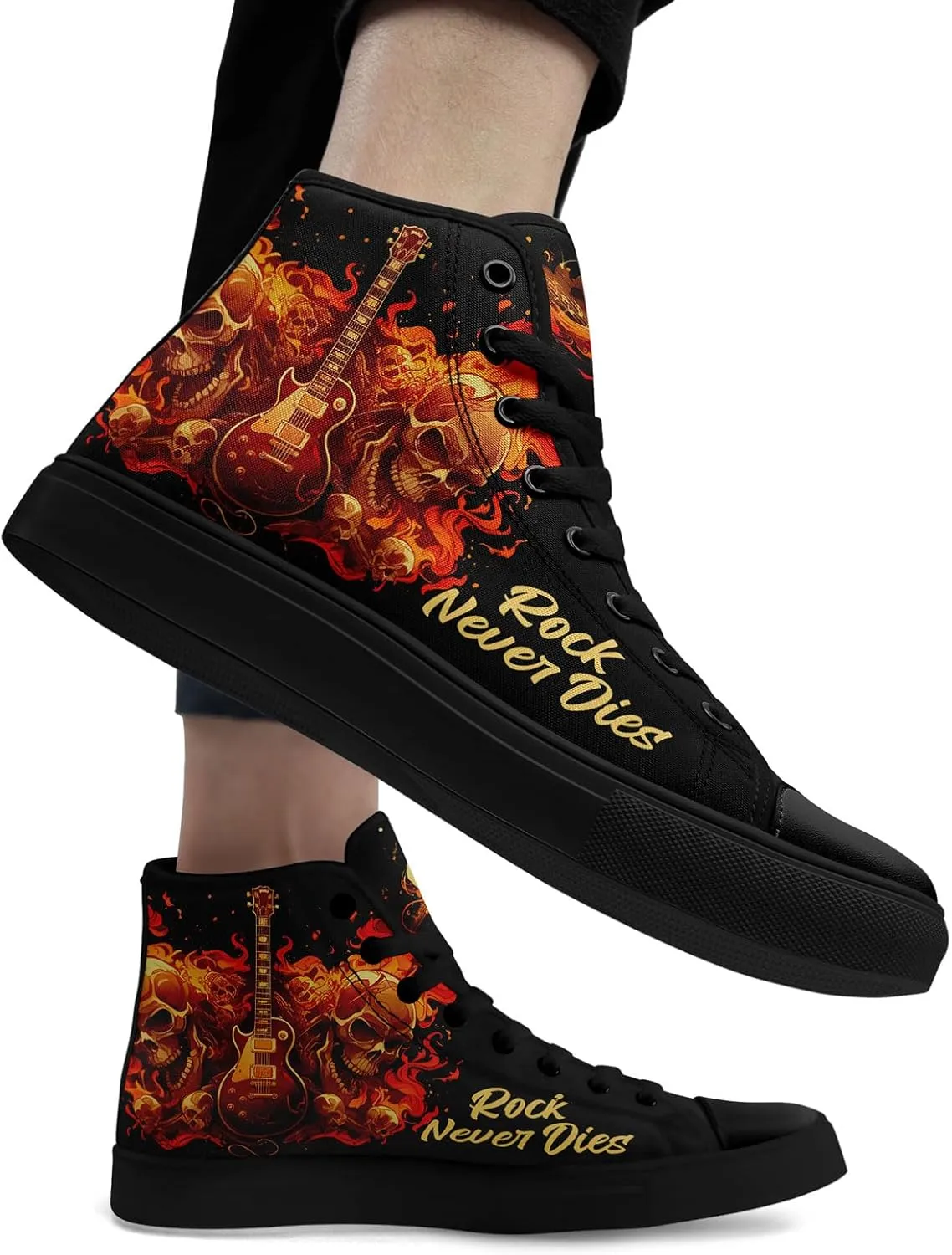 Gothic Skull High Top Canvas Sneakers for Men Women Butterflies Flames Flower Vivid Lace up Flat Casual Walking Shoes
