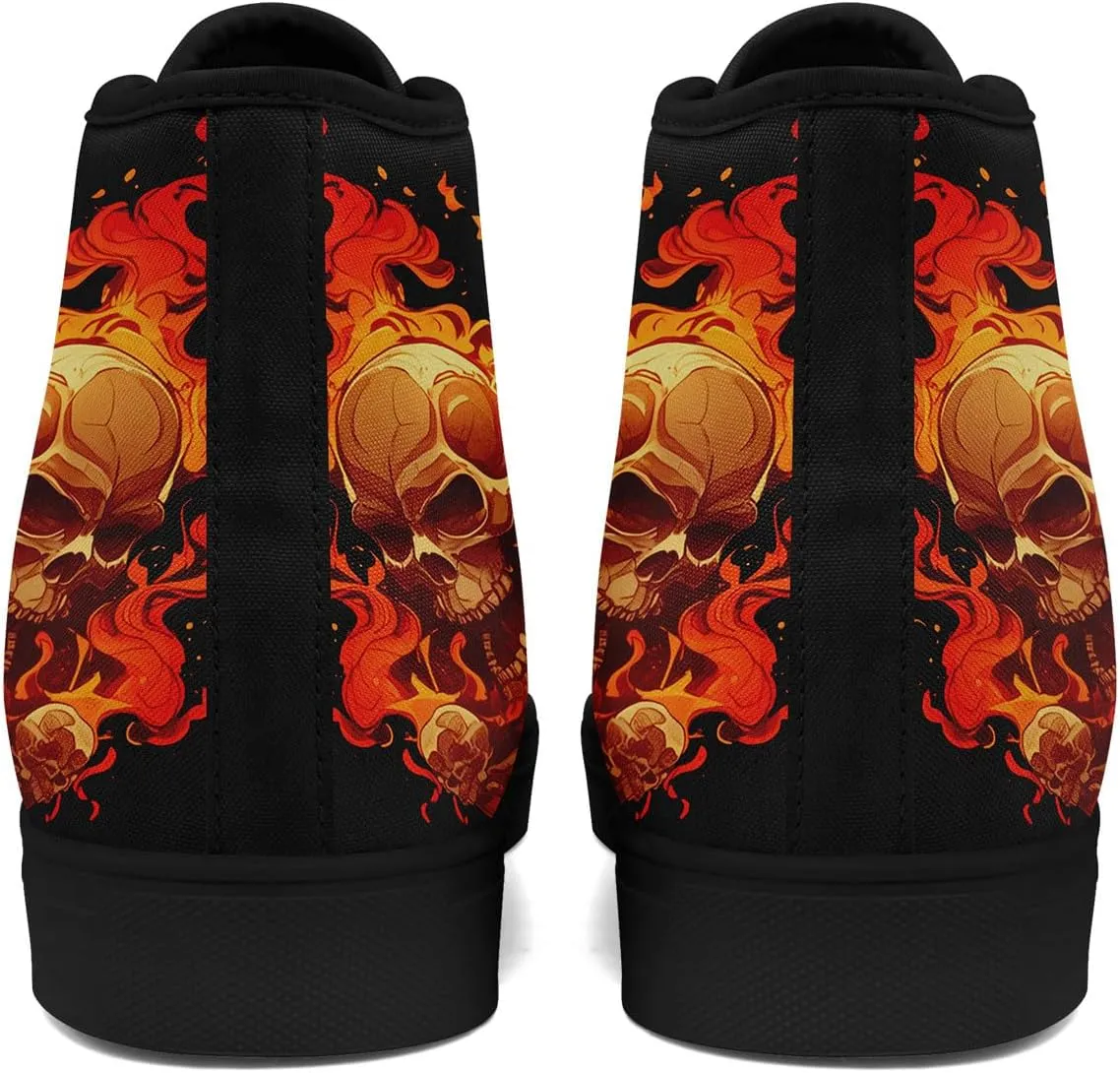 Gothic Skull High Top Canvas Sneakers for Men Women Butterflies Flames Flower Vivid Lace up Flat Casual Walking Shoes