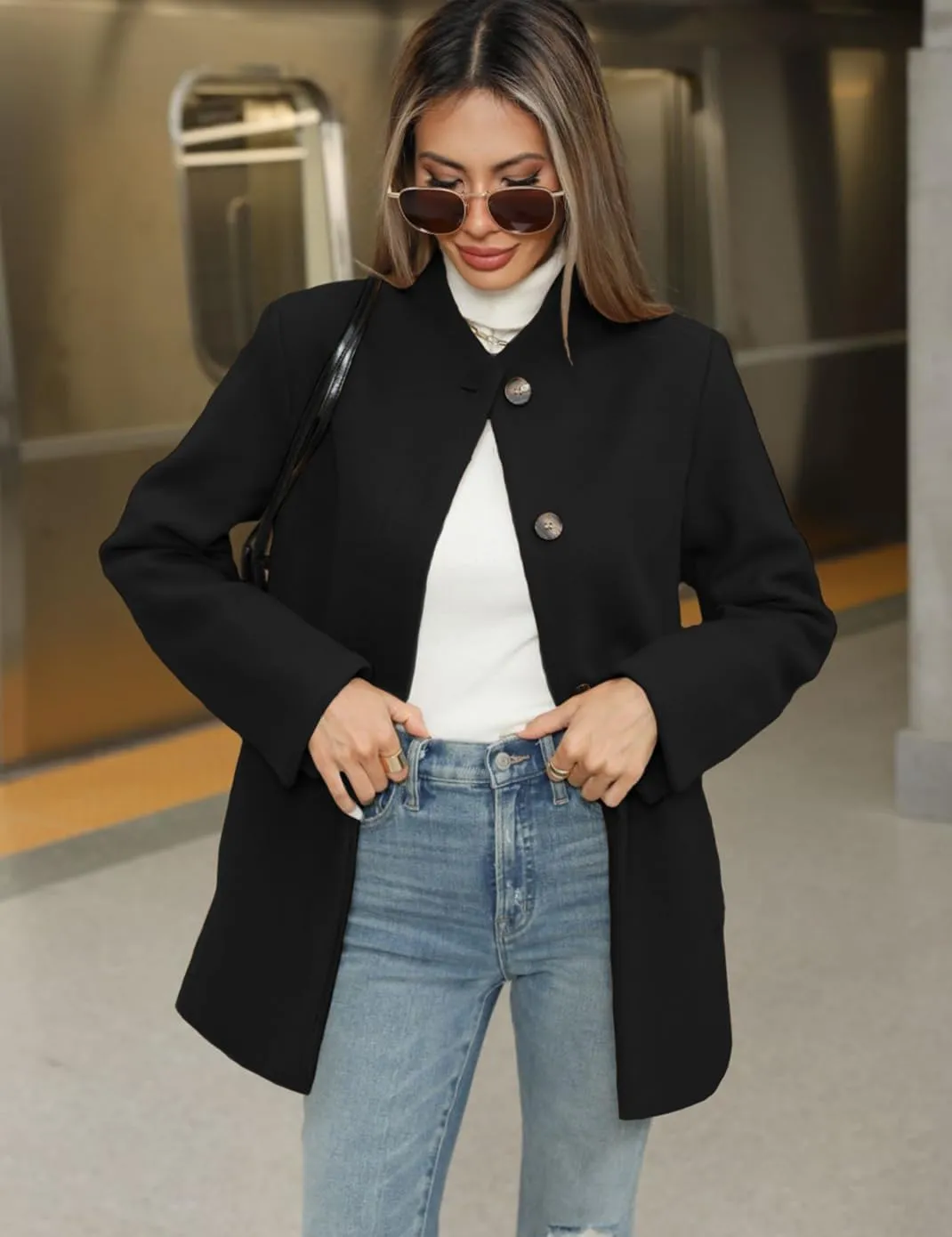 Haellun Women's Winter Placket Coat Casual Wool Blend Pea Coat Single Breasted Trench Coat Overcoat