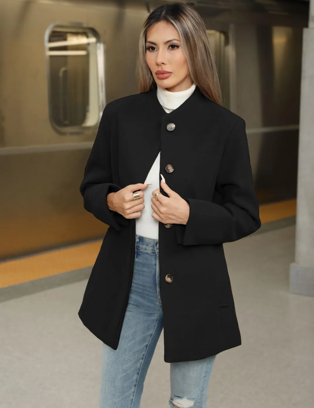 Haellun Women's Winter Placket Coat Casual Wool Blend Pea Coat Single Breasted Trench Coat Overcoat
