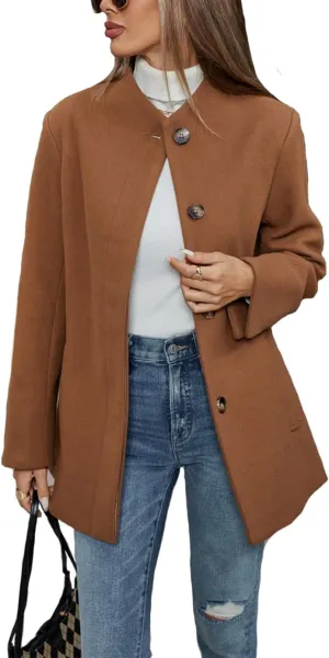 Haellun Women's Winter Placket Coat Casual Wool Blend Pea Coat Single Breasted Trench Coat Overcoat
