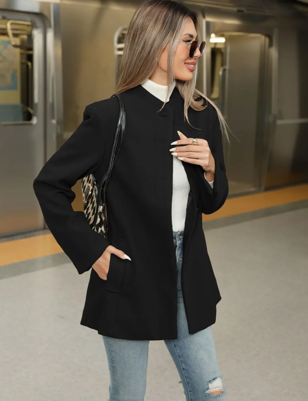 Haellun Women's Winter Placket Coat Casual Wool Blend Pea Coat Single Breasted Trench Coat Overcoat