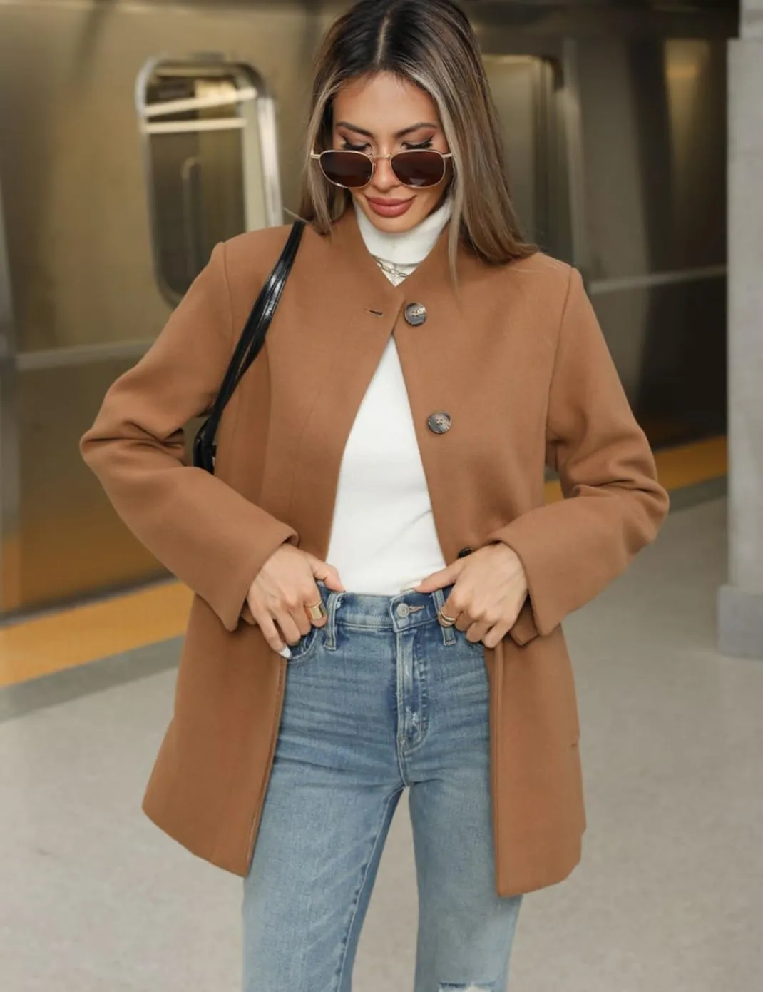 Haellun Women's Winter Placket Coat Casual Wool Blend Pea Coat Single Breasted Trench Coat Overcoat