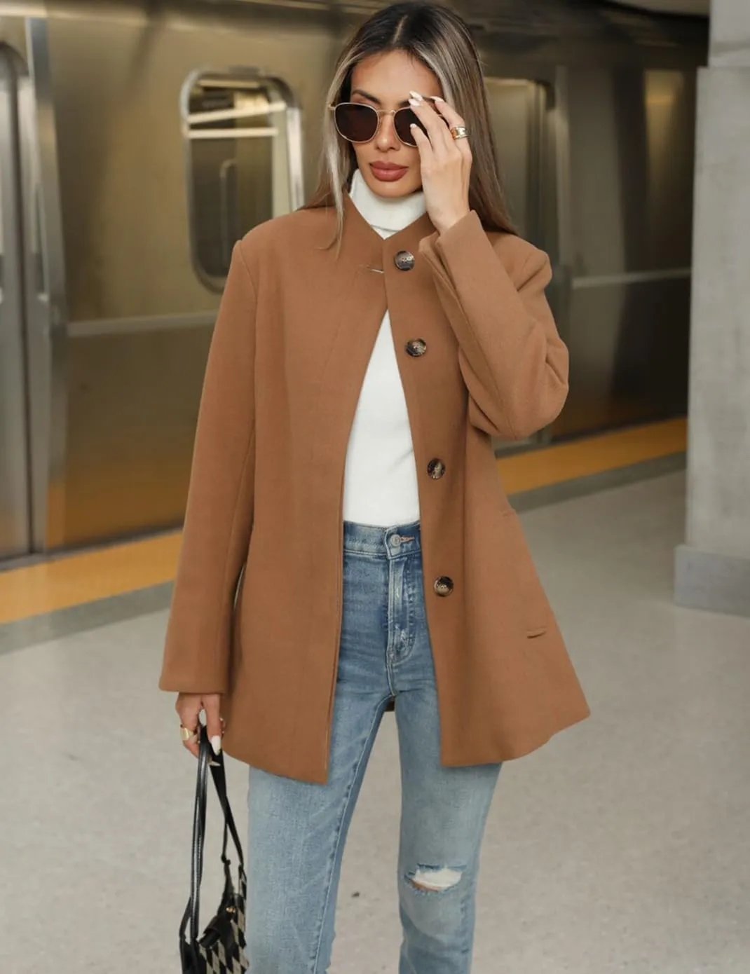 Haellun Women's Winter Placket Coat Casual Wool Blend Pea Coat Single Breasted Trench Coat Overcoat