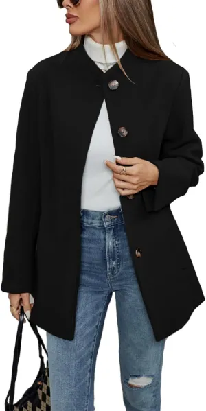 Haellun Women's Winter Placket Coat Casual Wool Blend Pea Coat Single Breasted Trench Coat Overcoat