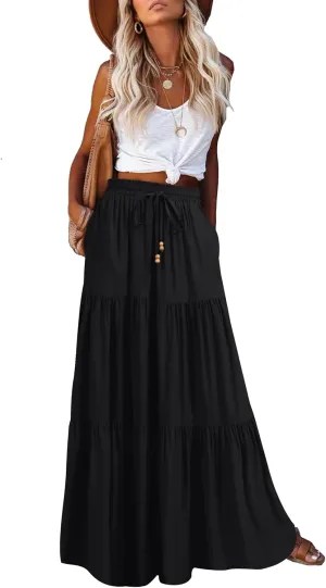 HAEOF Women's Summer Boho Maxi Skirt A-Line Flowy Ruffle Tiered Elastic High Waist Beach Long Skirts with Pockets