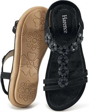 HARENCE Women's Summer Flat Sandals: Comfortable Bohemian Beaded Flats Shoes Elastic Ankle T-Strap Casual Slip on Beach Dress Sandals for Women