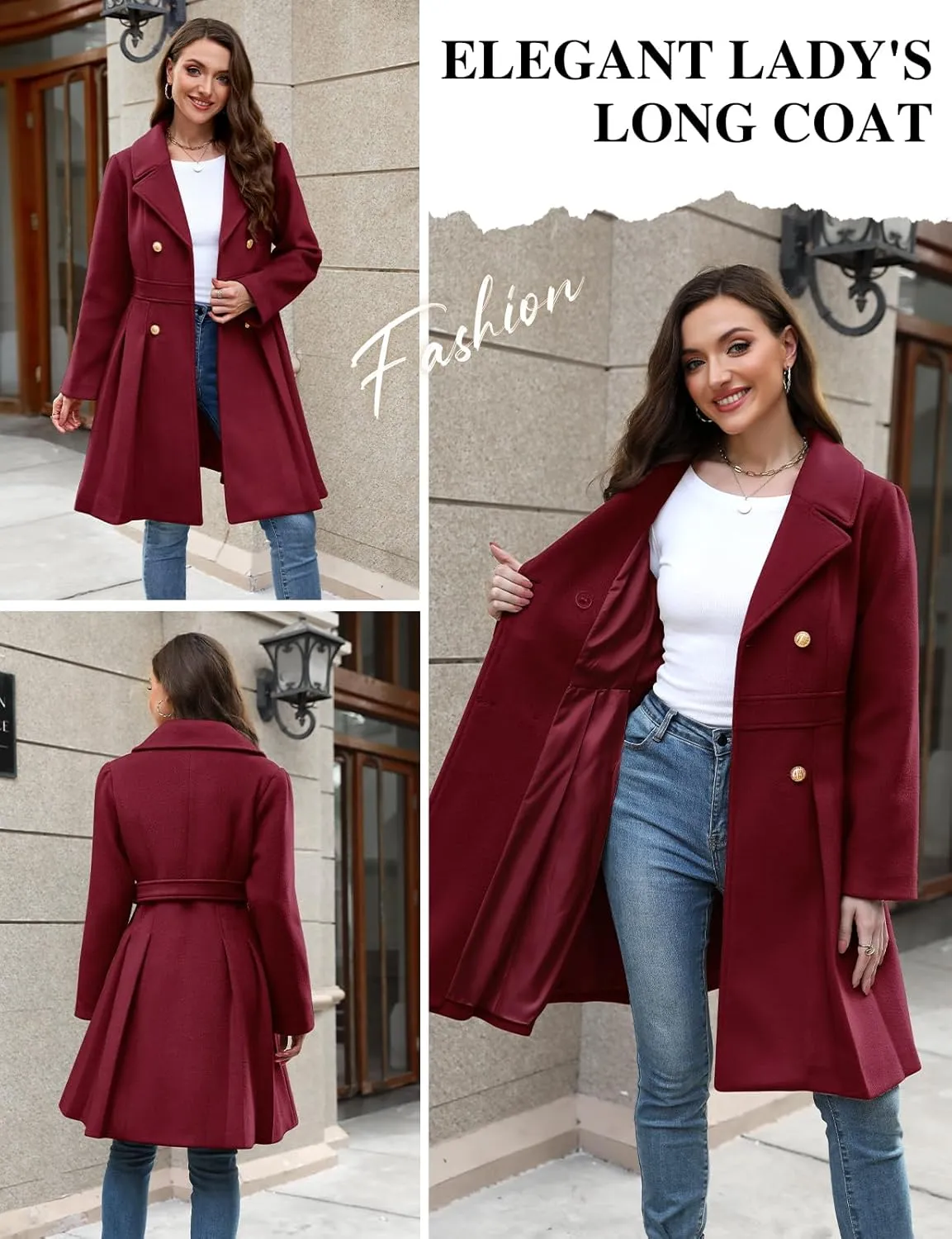 HEEKPEK Women’s Wool Blend Trench Coat Slim Double Breasted Notch Lapel Pea Coat Thick A Line Jacket with Pockets(S-XXL)