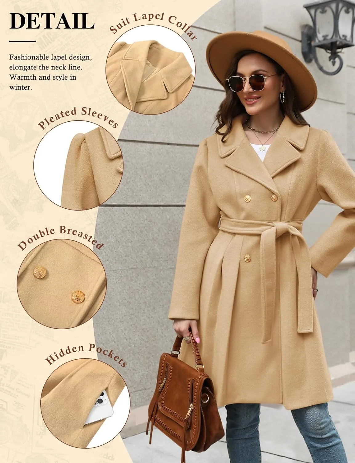 HEEKPEK Women’s Wool Blend Trench Coat Slim Double Breasted Notch Lapel Pea Coat Thick A Line Jacket with Pockets(S-XXL)