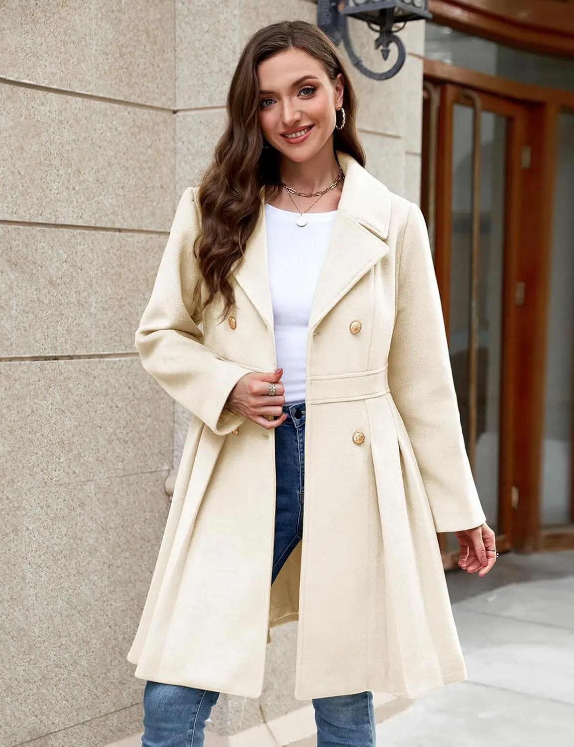HEEKPEK Women’s Wool Blend Trench Coat Slim Double Breasted Notch Lapel Pea Coat Thick A Line Jacket with Pockets(S-XXL)