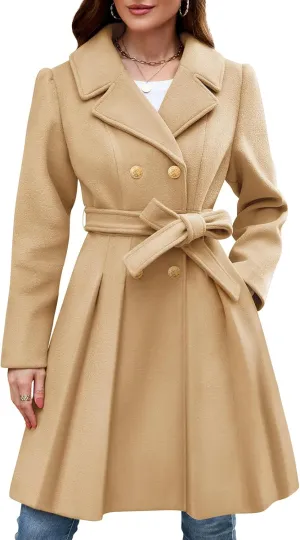 HEEKPEK Women’s Wool Blend Trench Coat Slim Double Breasted Notch Lapel Pea Coat Thick A Line Jacket with Pockets(S-XXL)