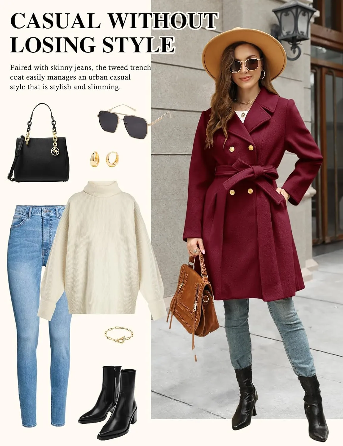 HEEKPEK Women’s Wool Blend Trench Coat Slim Double Breasted Notch Lapel Pea Coat Thick A Line Jacket with Pockets(S-XXL)