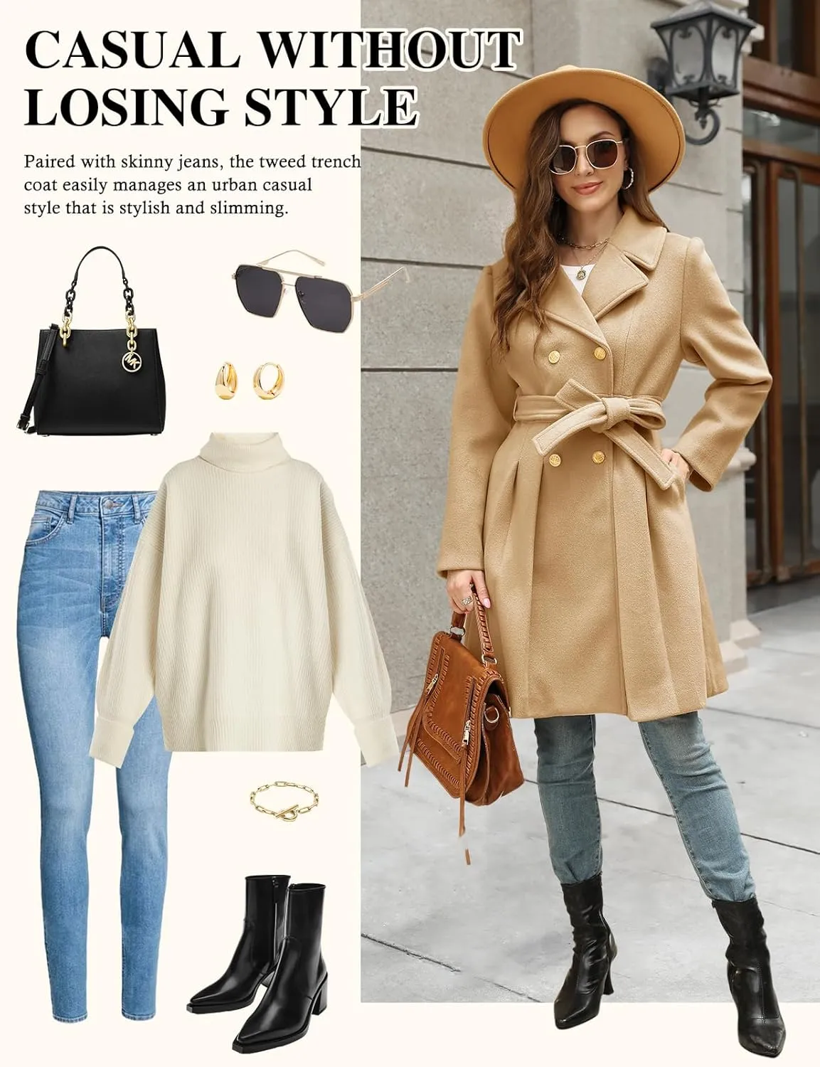 HEEKPEK Women’s Wool Blend Trench Coat Slim Double Breasted Notch Lapel Pea Coat Thick A Line Jacket with Pockets(S-XXL)