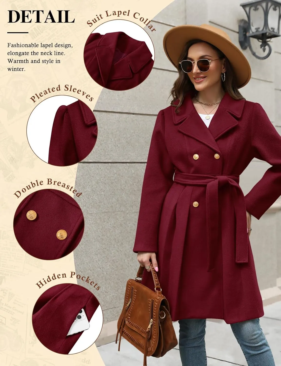HEEKPEK Women’s Wool Blend Trench Coat Slim Double Breasted Notch Lapel Pea Coat Thick A Line Jacket with Pockets(S-XXL)