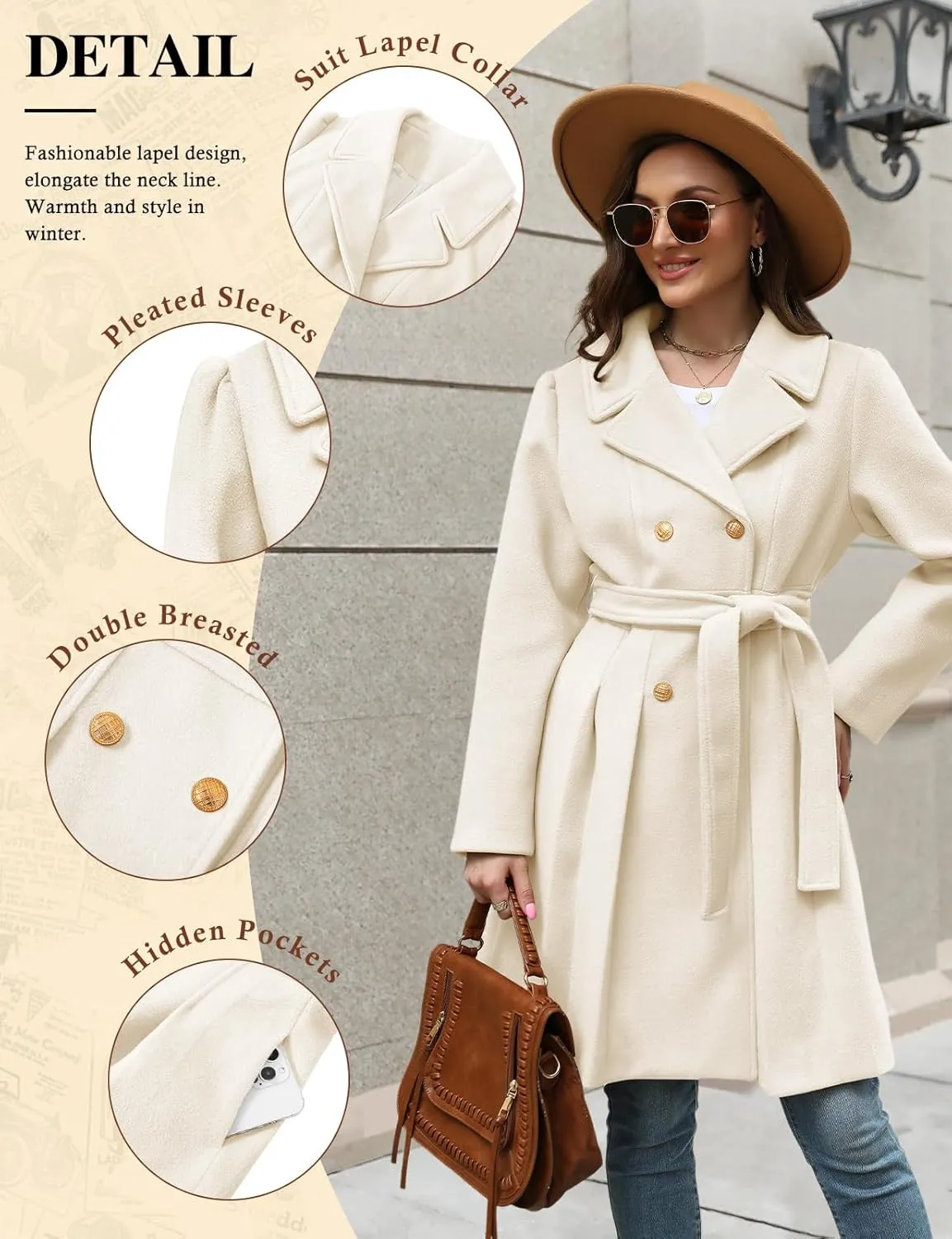 HEEKPEK Women’s Wool Blend Trench Coat Slim Double Breasted Notch Lapel Pea Coat Thick A Line Jacket with Pockets(S-XXL)