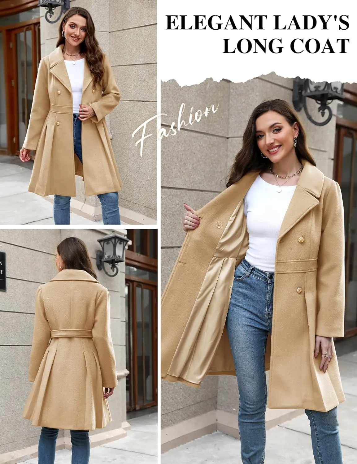 HEEKPEK Women’s Wool Blend Trench Coat Slim Double Breasted Notch Lapel Pea Coat Thick A Line Jacket with Pockets(S-XXL)