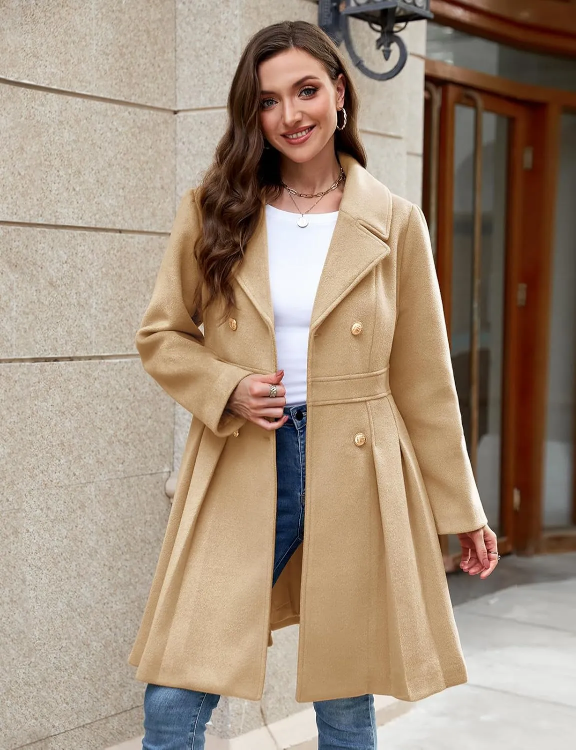 HEEKPEK Women’s Wool Blend Trench Coat Slim Double Breasted Notch Lapel Pea Coat Thick A Line Jacket with Pockets(S-XXL)