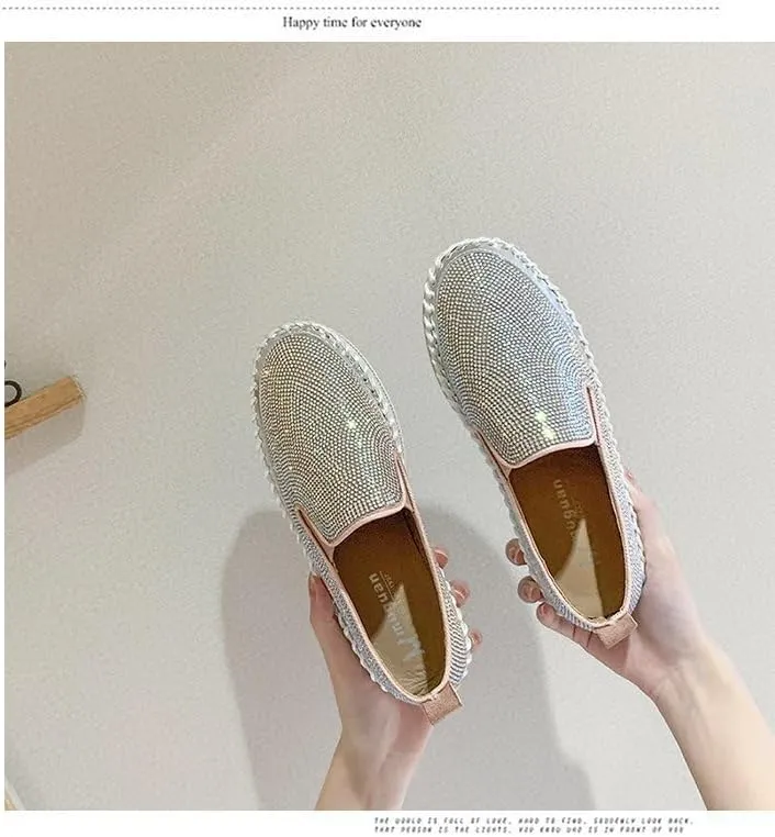 Hopomart Women's Rhinestones Glitter Slip on Sneakers,Thick-Soled Platform Loafers Fashionable Round Toe Casual Shoes