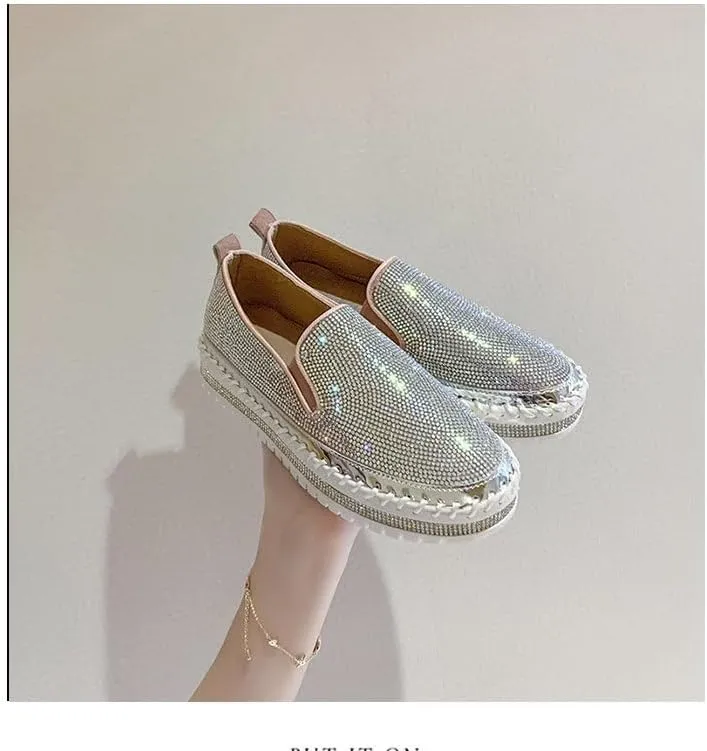 Hopomart Women's Rhinestones Glitter Slip on Sneakers,Thick-Soled Platform Loafers Fashionable Round Toe Casual Shoes