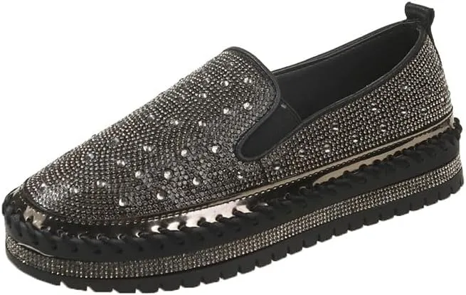Hopomart Women's Rhinestones Glitter Slip on Sneakers,Thick-Soled Platform Loafers Fashionable Round Toe Casual Shoes