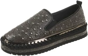 Hopomart Women's Rhinestones Glitter Slip on Sneakers,Thick-Soled Platform Loafers Fashionable Round Toe Casual Shoes