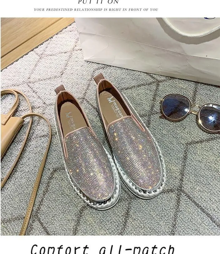 Hopomart Women's Rhinestones Glitter Slip on Sneakers,Thick-Soled Platform Loafers Fashionable Round Toe Casual Shoes