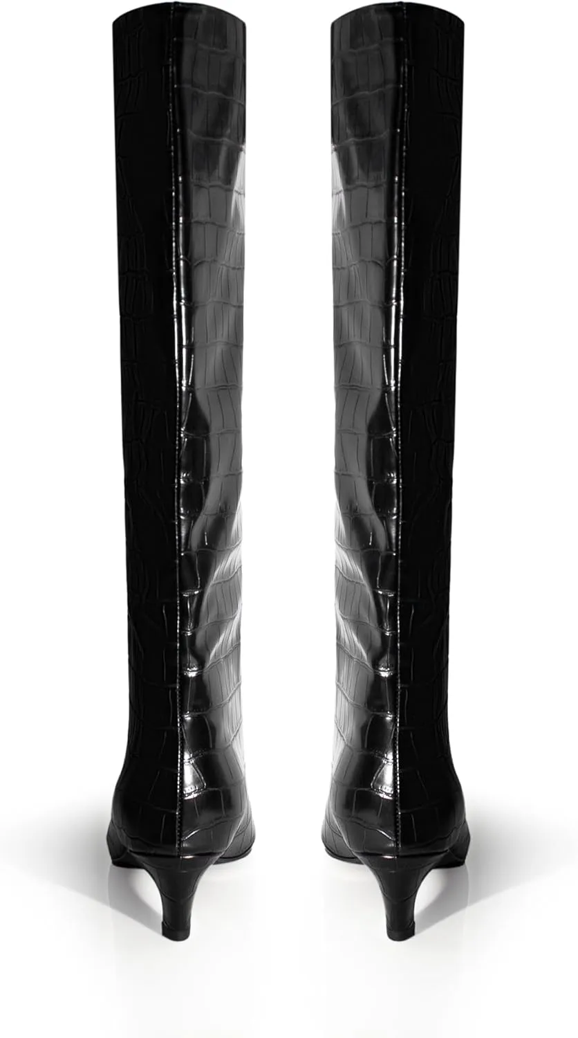 iadore Women's Western Knight Boots, Vegan Leather Crocodile Printed Square Toe Kitten Heel Wide Straight Shaft Knee High Boots 2 Inch