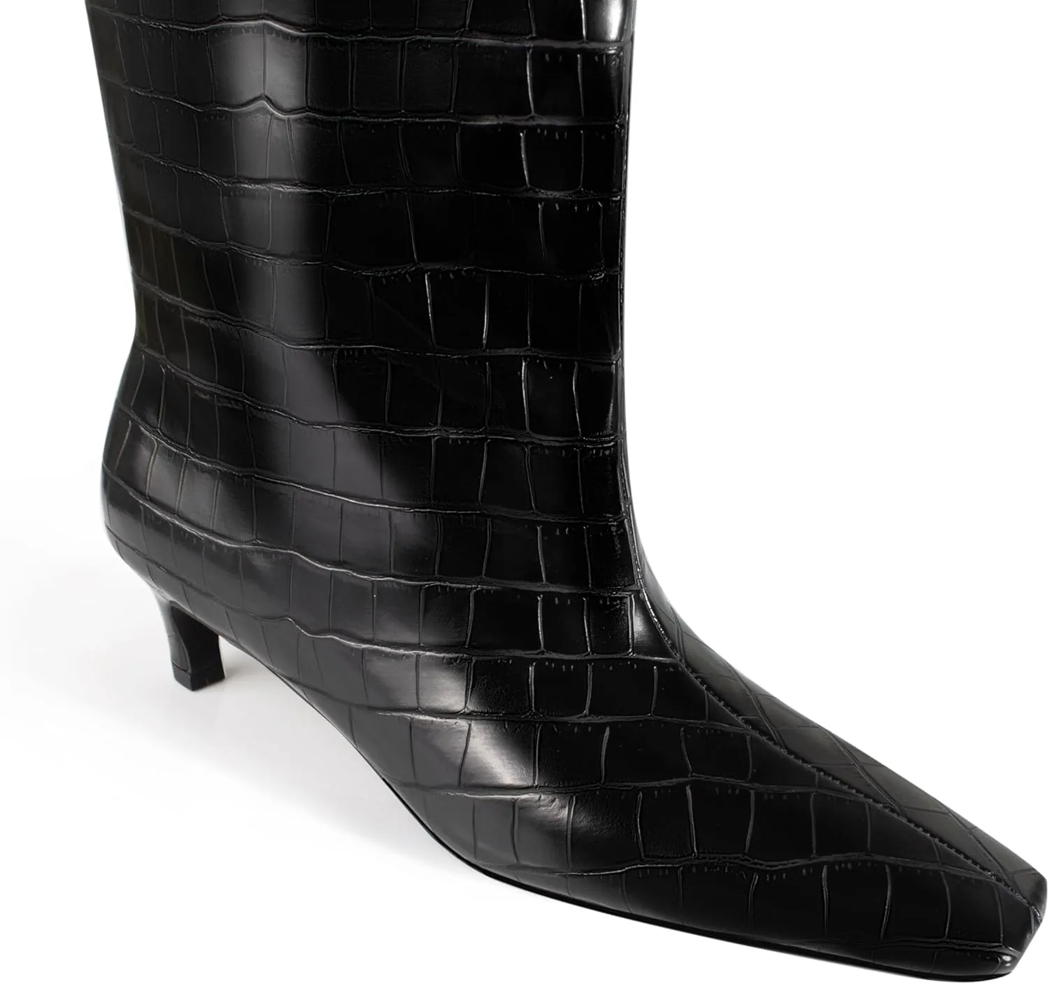 iadore Women's Western Knight Boots, Vegan Leather Crocodile Printed Square Toe Kitten Heel Wide Straight Shaft Knee High Boots 2 Inch