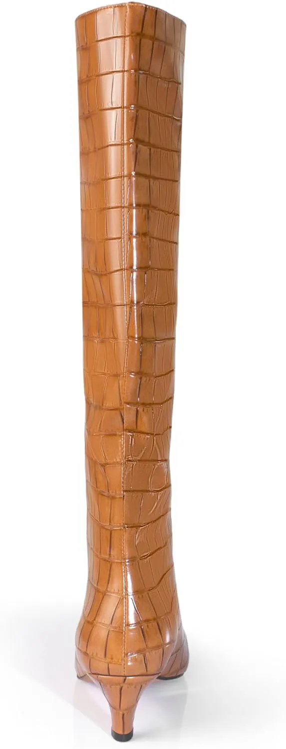 iadore Women's Western Knight Boots, Vegan Leather Crocodile Printed Square Toe Kitten Heel Wide Straight Shaft Knee High Boots 2 Inch