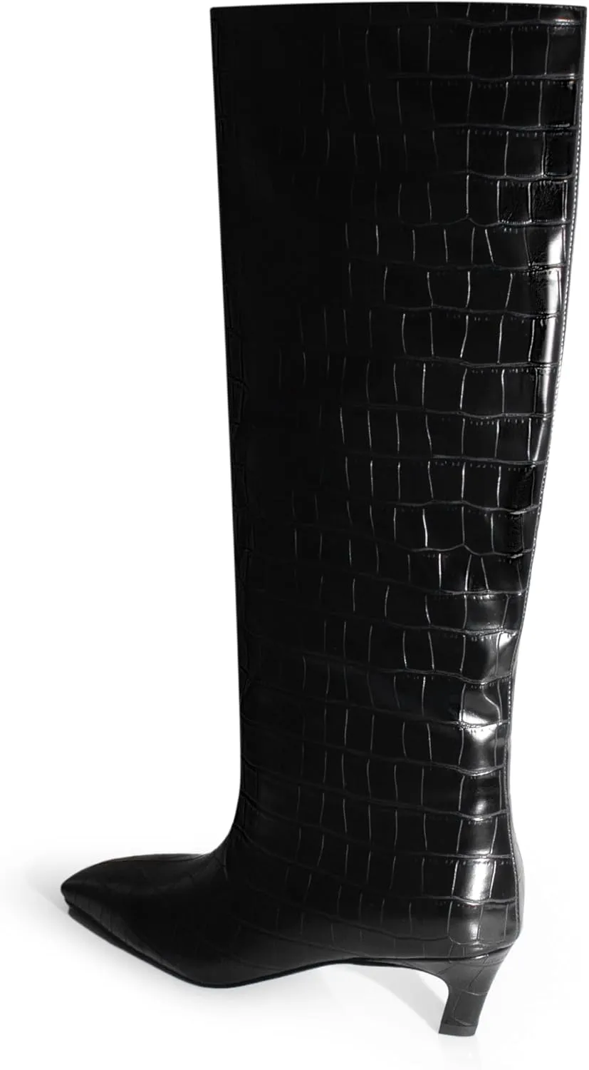 iadore Women's Western Knight Boots, Vegan Leather Crocodile Printed Square Toe Kitten Heel Wide Straight Shaft Knee High Boots 2 Inch