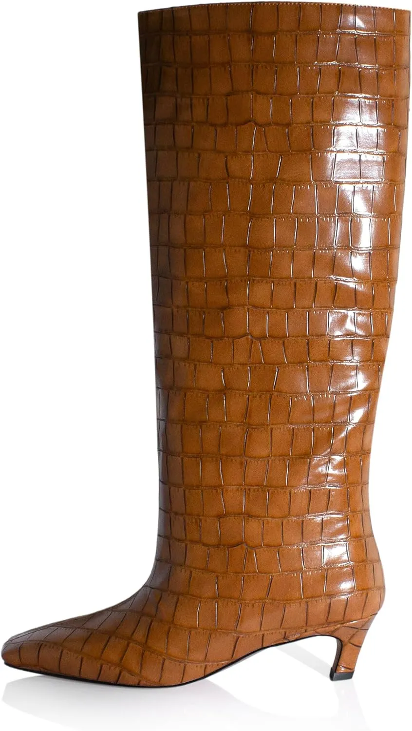 iadore Women's Western Knight Boots, Vegan Leather Crocodile Printed Square Toe Kitten Heel Wide Straight Shaft Knee High Boots 2 Inch