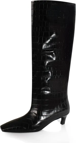 iadore Women's Western Knight Boots, Vegan Leather Crocodile Printed Square Toe Kitten Heel Wide Straight Shaft Knee High Boots 2 Inch