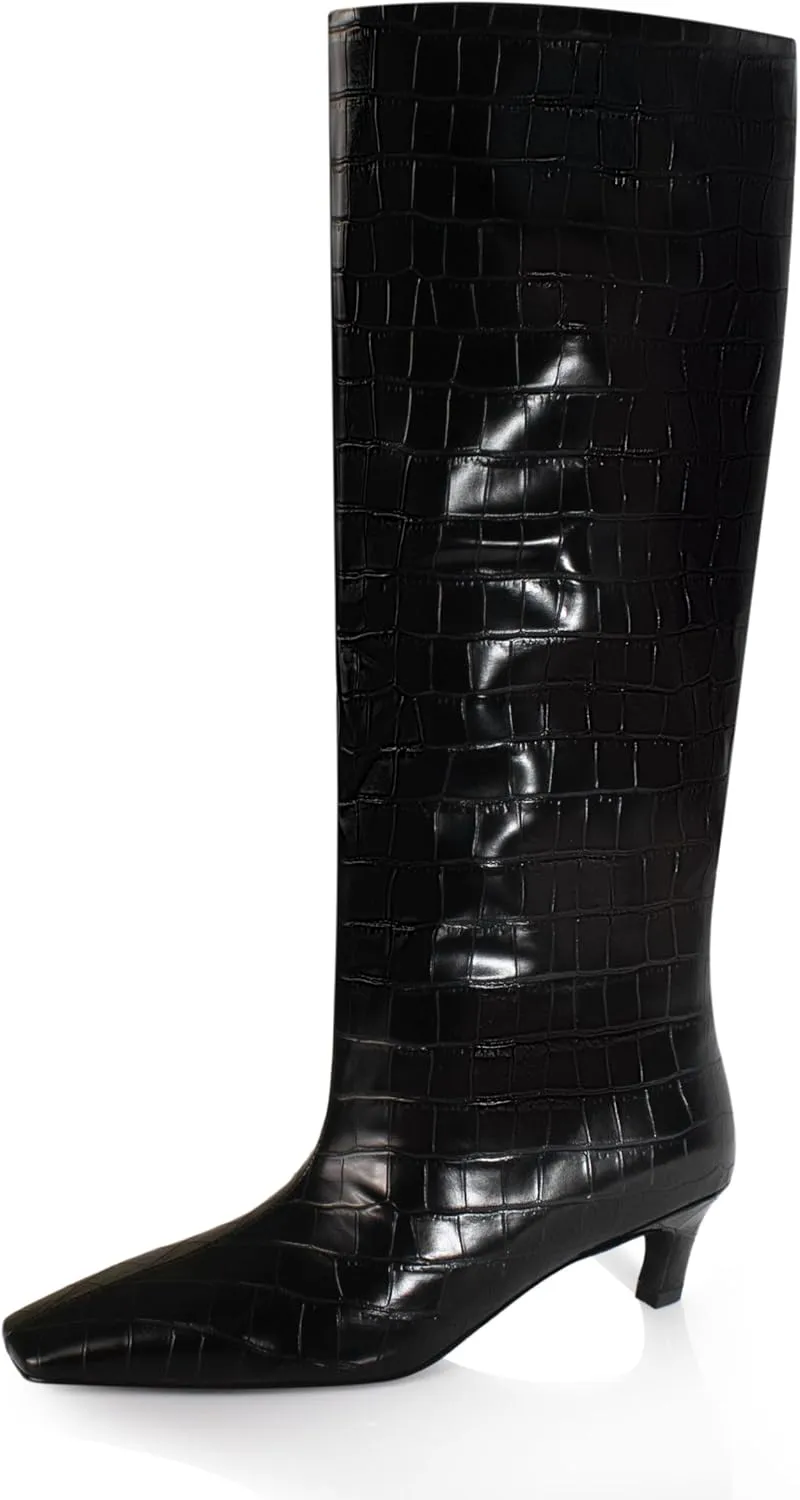 iadore Women's Western Knight Boots, Vegan Leather Crocodile Printed Square Toe Kitten Heel Wide Straight Shaft Knee High Boots 2 Inch