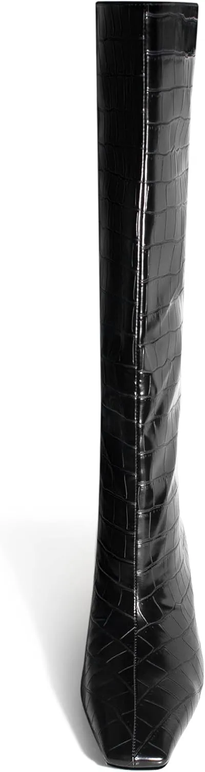 iadore Women's Western Knight Boots, Vegan Leather Crocodile Printed Square Toe Kitten Heel Wide Straight Shaft Knee High Boots 2 Inch