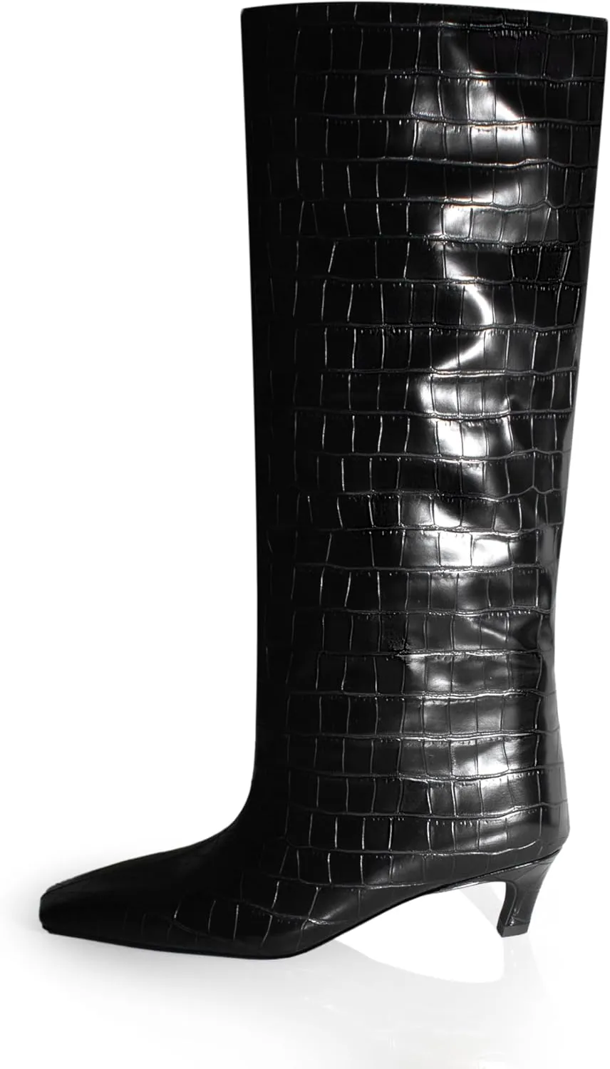 iadore Women's Western Knight Boots, Vegan Leather Crocodile Printed Square Toe Kitten Heel Wide Straight Shaft Knee High Boots 2 Inch